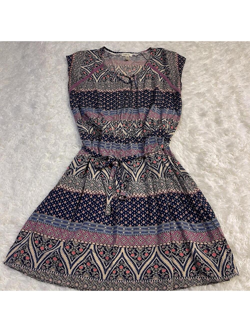 Matilda Jane Dress Women Medium Multicolor Boho Sleeveless Tie Waist Patterned